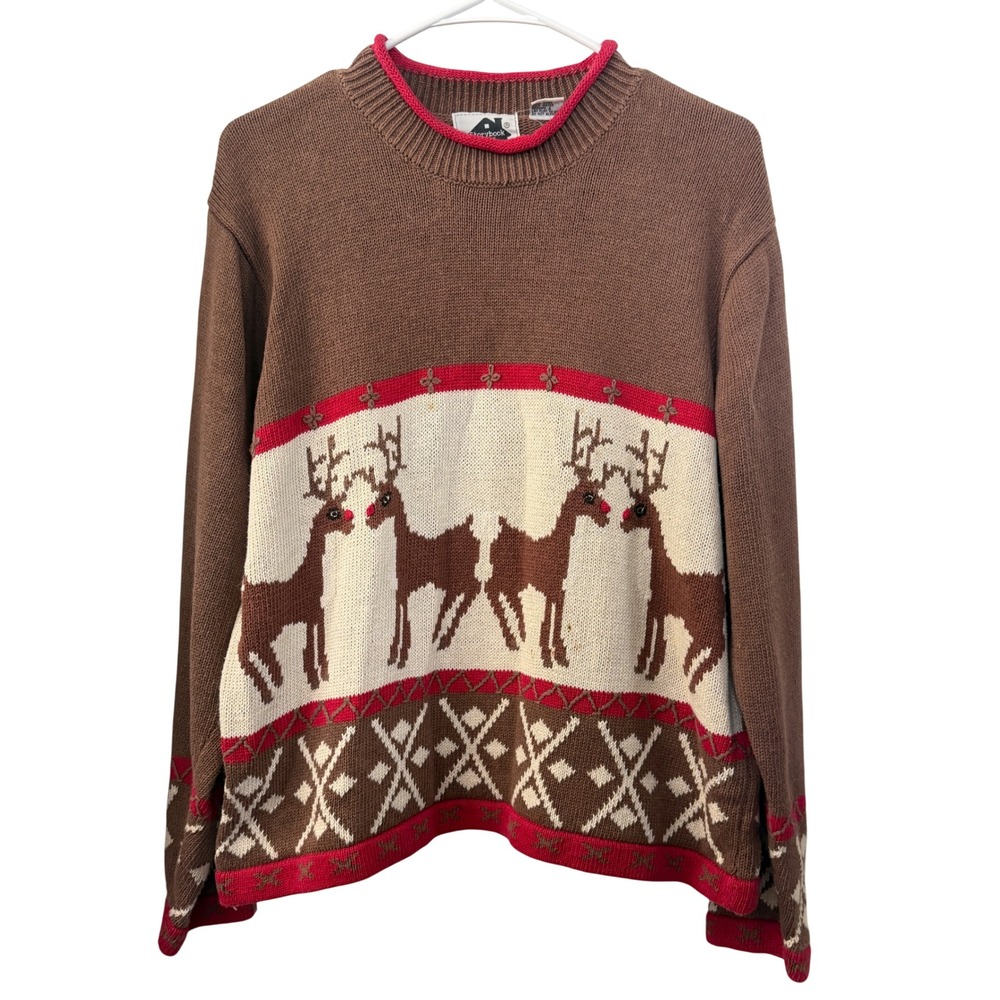 Storybook Knits Brown Reindeer Fair Isle Christmas Sweater Womens Medium Holiday